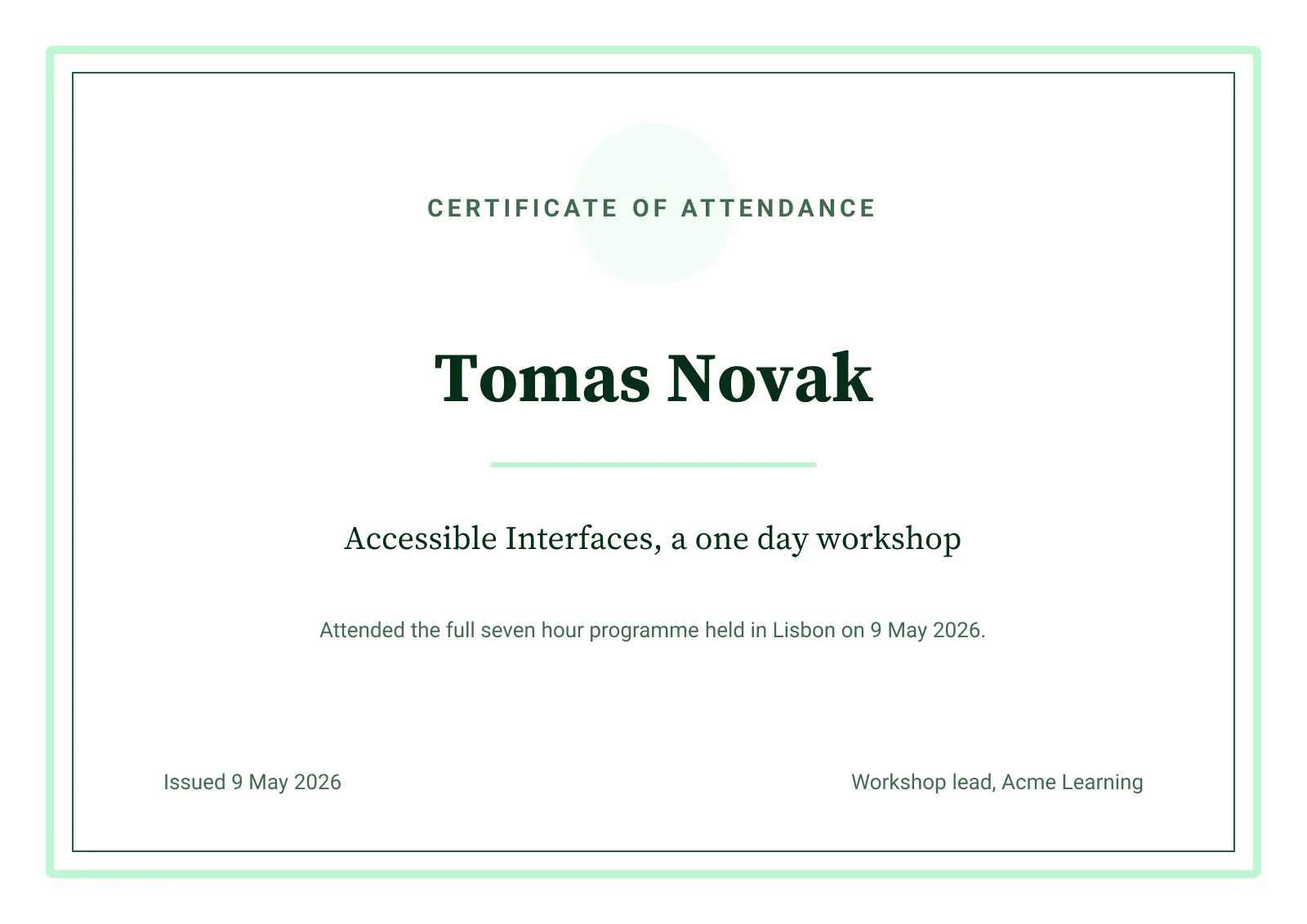 Attendance certificate