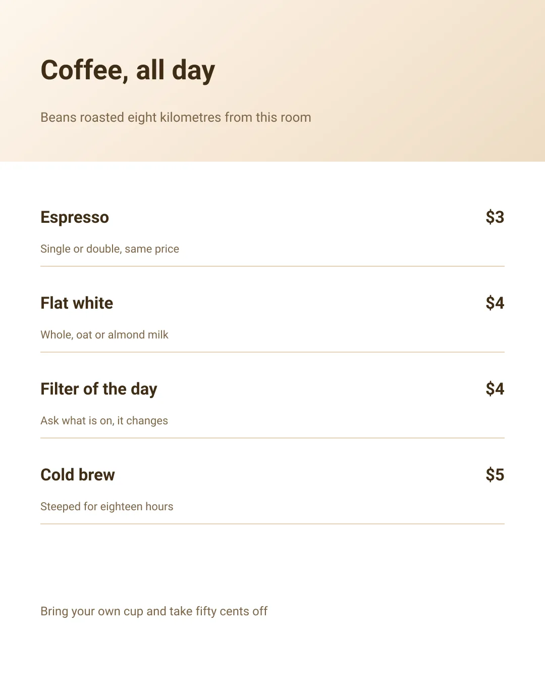 Coffee menu